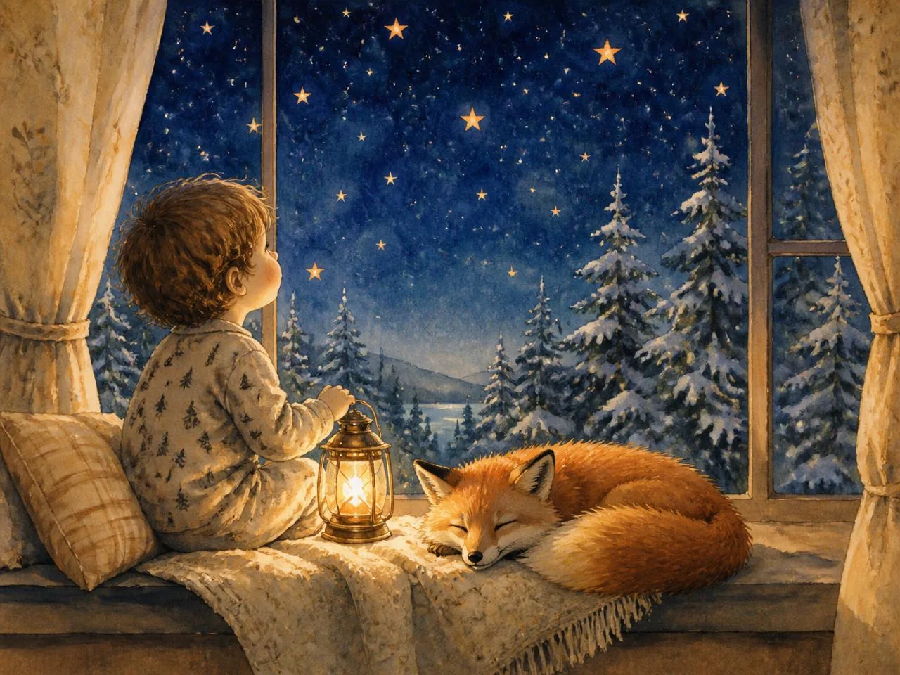 Watercolour illustration: a child in pyjamas watching the stars with a lantern, a sleeping fox nearby