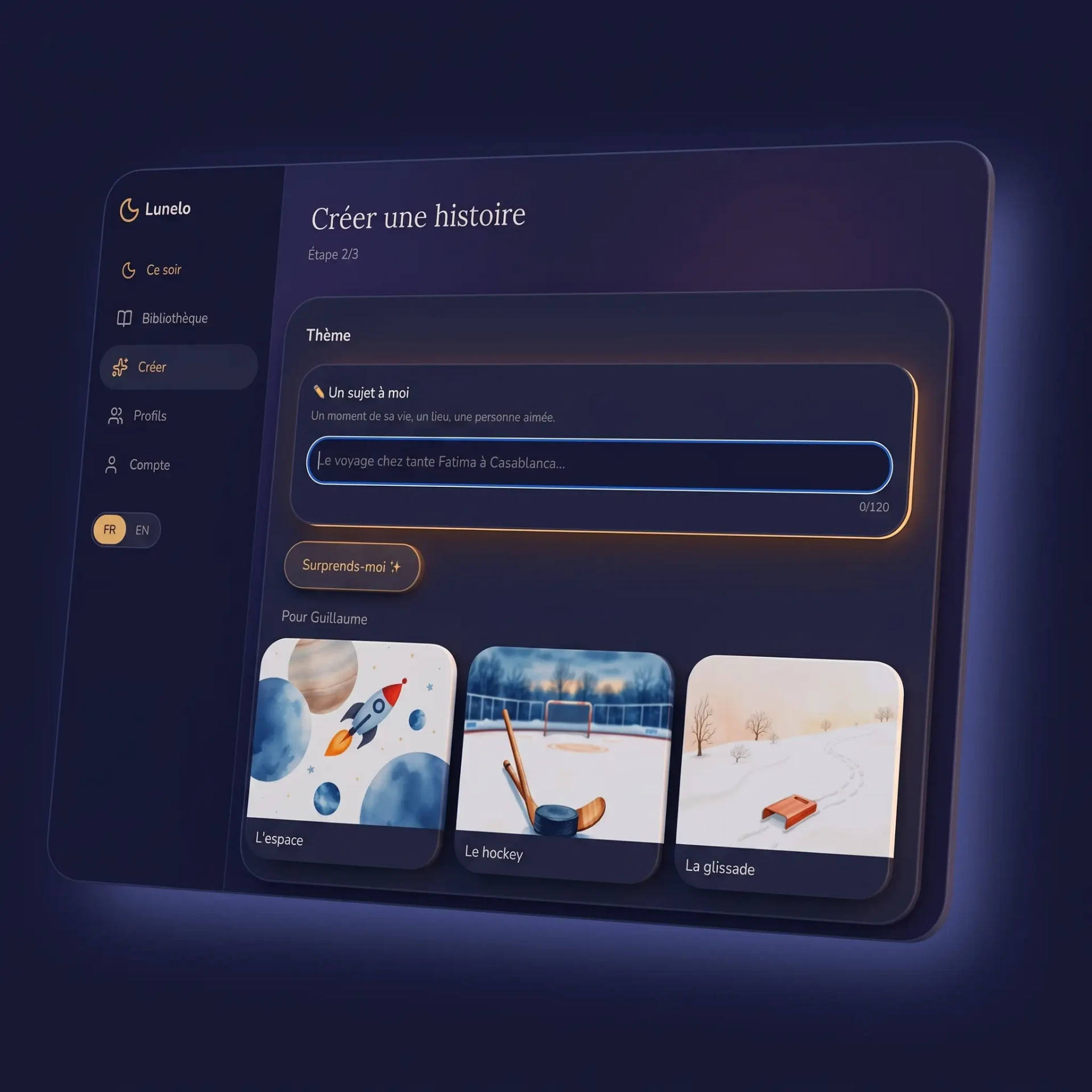 Aperçu de l'interface Lunelo pour créer une histoire à partir d'un sujet personnalisé ou de thèmes recommandés.
