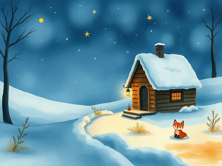 Watercolour illustration: a Quebec house under the snow, the child's bedroom lit upstairs