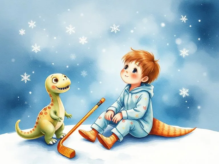 Watercolour illustration: a child surrounded by their passions, dinosaurs, hockey and snowflakes